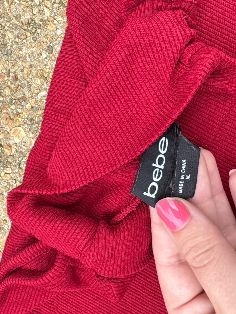 bebe Red Cold-Shoulder Ribbed Turtleneck with Rhinestone Logo - Picture 3 of 6